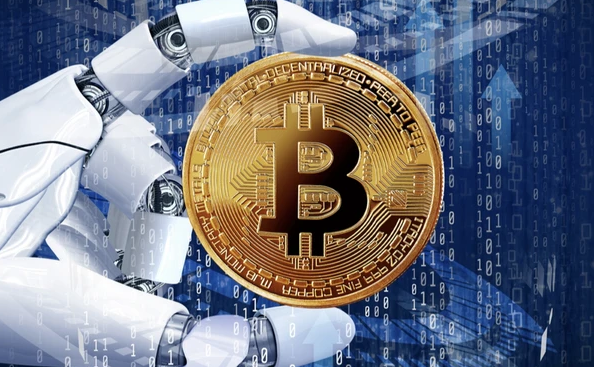 A robotic hand holds a gold Bitcoin coin against a blue digital background featuring binary code, symbolizing the intersection of automation and cryptocurrency—visually echoing the post's theme of AI's energy demands disrupting Bitcoin mining operations.