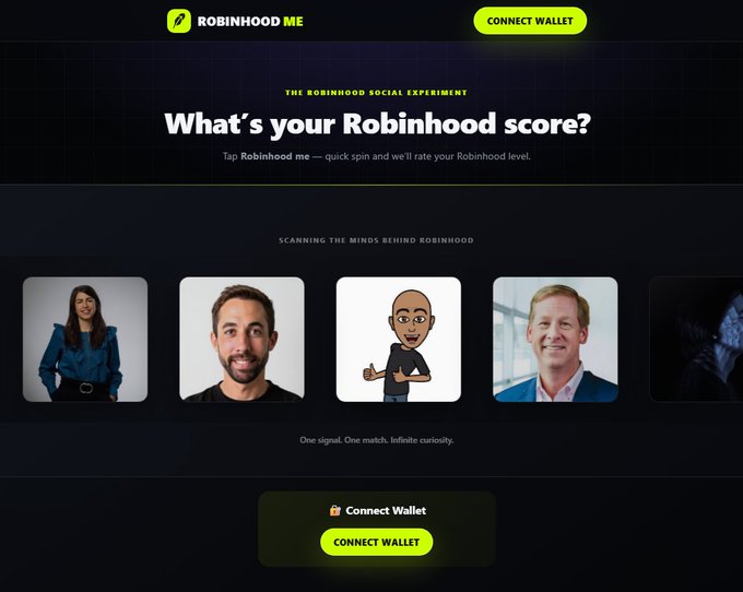 A 'Robinhood ME' webpage asks 'What's your Robinhood score?' and displays profile cards with 'CONNECT WALLET' buttons.