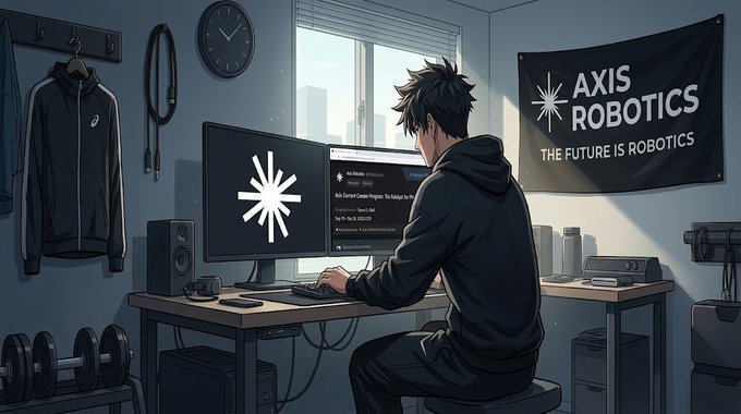 Anime-style illustration of a person with dark spiky hair working at a computer desk, with an 'AXIS ROBOTICS - THE FUTURE IS ROBOTICS' banner on the wall.