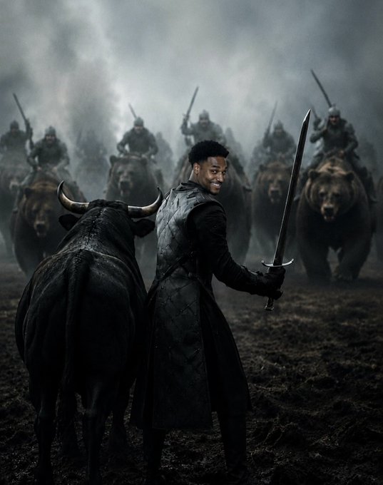 A warrior in dark leather armor grins confidently while wielding a sword, standing beside a massive black bull, with a charging army of armored bear-riders emerging from the mist behind him—evoking the chaotic, meme-charged "Battle of the Beartards" scene tied to the $ANSEM crypto community.