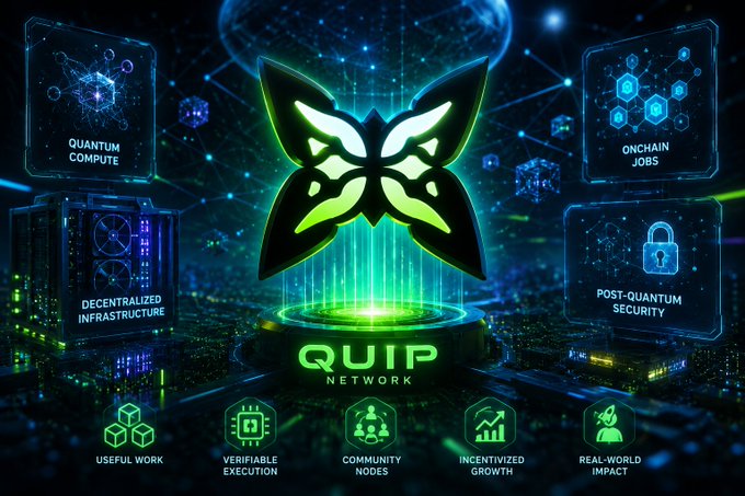 The image is a futuristic promotional graphic for the **QUIP Network**, featuring a glowing green butterfly logo centered above the "QUIP NETWORK" wordmark, surrounded by holographic panels highlighting key pillars: **Quantum Compute**, **Onchain Jobs**, **Decentralized Infrastructure**, and **Post-Quantum Security**. Along the bottom, icons emphasize the network's value propositions: **Useful Work**, **Verifiable Execution**, **Community Nodes**, **Incentivized Growth**, and **Real-World Impact**, visually reinforcing the post's thesis of a utility-driven decentralized quantum compute marketplace.