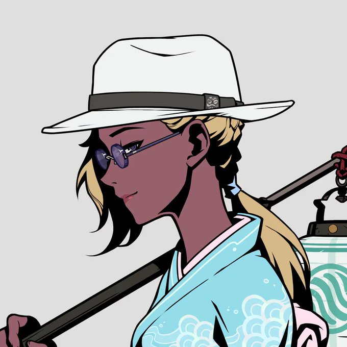 Anime-style illustration of a character wearing a white hat, purple sunglasses, and a light blue kimono, carrying a lantern on a pole.