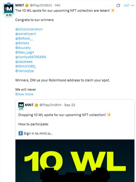Twitter/X post from @PlayOnMint announcing 'The 10 WL spots for our upcoming NFT collection are taken!' with a list of winners including @billzcollecschun, @somehiyan1, @0xRoot_, @0xtokz, @Aculsky, @Stev_Legit, @llontyo66765696, @zazxeeee, @SHUVOBD, and @Varloaftpe.
