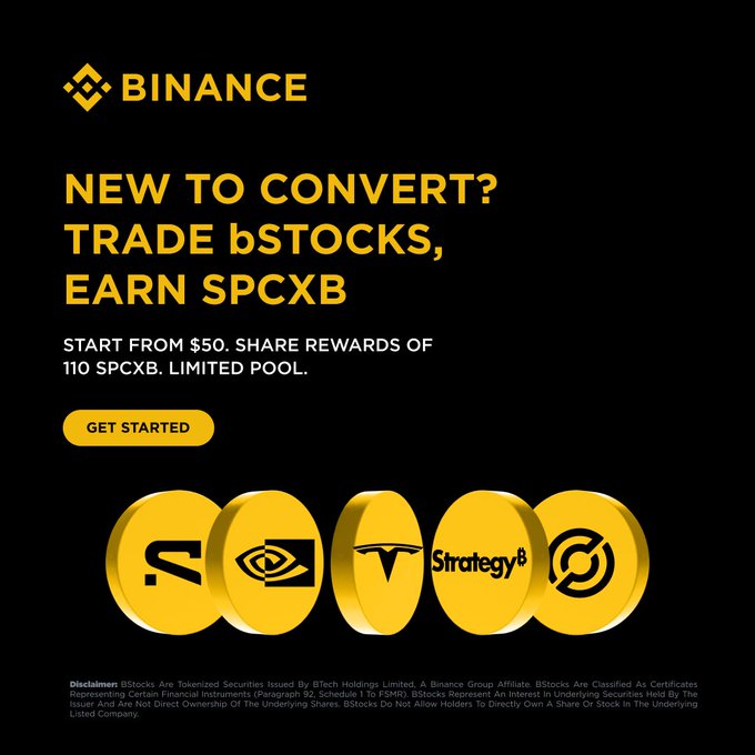 The image is a Binance promotional graphic advertising a "bStocks Convert Campaign" inviting new users to trade bStocks and earn SPCXB token rewards, featuring a 110 SPCXB reward pool starting from a $50 minimum, with the Binance logo at the top and golden bStock tokens from issuers like Strategy displayed below. It directly supports the post's message by visually highlighting the reward opportunity and directing users to get started via the provided link.