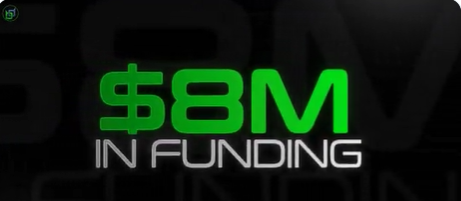 A promotional graphic with bright green text on a dark background announcing '$8M IN FUNDING' related to the BCHAT project.