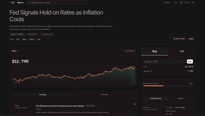 A screenshot of a financial article titled 'Fed Signals Hold on Rates as Inflation Cools' from Skyteen, featuring a price chart for '$FED' showing $52.79M with bonding curve data.