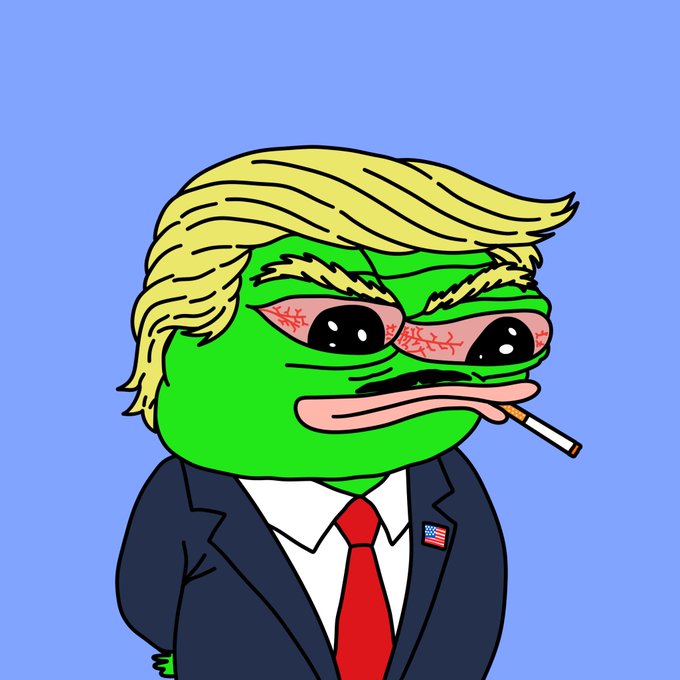 A cartoon drawing of a green Pepe the Frog character styled to look like Donald Trump, featuring blonde hair, bloodshot eyes, a red tie with an American flag pin, and a cigarette in its mouth, set against a blue background.