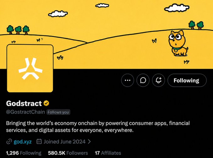 The image shows a Twitter/X profile for "Godstract" (@GostractChain) with a verified badge, 580.5K followers, and a bio stating "Bringing the world's economy onchain by powering consumer apps, financial services, and digital assets for everyone, everywhere." The post's claim that Abstract Chain is rebranding to Godstract is supported by the profile's distinctive logo and "Godstract" branding shown in the header.