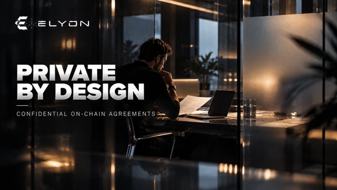 An advertisement for ELYON with text 'PRIVATE BY DESIGN - CONFIDENTIAL ON-CHAIN AGREEMENTS' featuring a man working at a laptop in a dimly lit office.