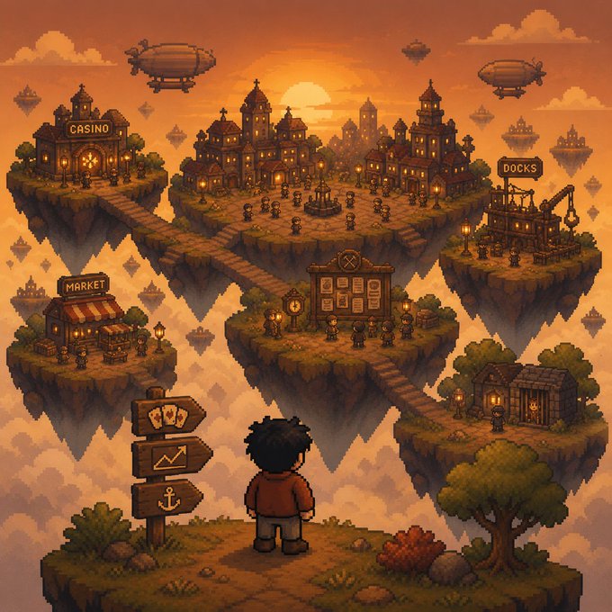 A pixel art illustration depicts a character looking out over a series of floating islands connected by bridges, featuring various labeled locations like 'CASINO', 'MARKET', and 'DOCKS' under a sunset sky.
