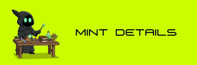 A hooded character with glowing green eyes stands behind a wooden table covered in potion bottles, spell books, and magical artifacts while holding a wand, set against a bright green background with the bold text "MINT DETAILS" displayed to the right. This serves as a promotional graphic announcing the mint details for the NFT collection, which is scheduled for July 10 at 9AM ET on the Robinhood chain with a supply of 1,169 at 0.005 ETH per mint.