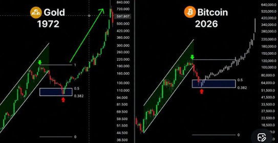 A side-by-side comparison of Gold in 1972 and Bitcoin in 2026, both showing similar Fibonacci retracement patterns with green ascending channels and blue consolidation zones marked at 0.5 and 0.382 levels, suggesting Bitcoin may follow gold's historical upward trajectory toward a $300K price target.