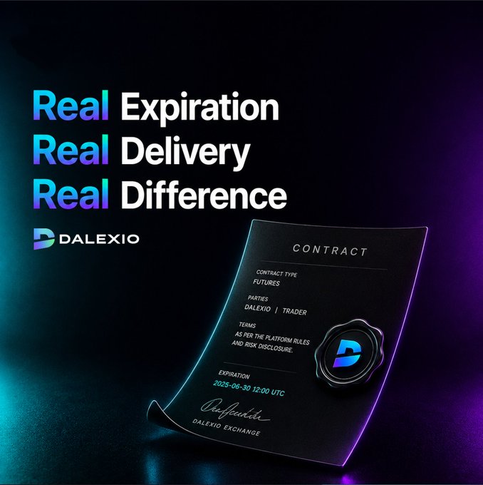 A Dalexio advertisement featuring the slogans 'Real Expiration, Real Delivery, Real Difference' alongside an image of a futures contract expiring 2025-06-30 12:00 UTC.