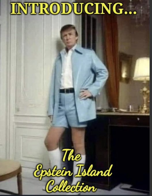 A meme image showing a man wearing a light blue jacket and matching shorts, with text reading 'INTRODUCING...' at the top and 'The Epstein Island Collection' at the bottom.