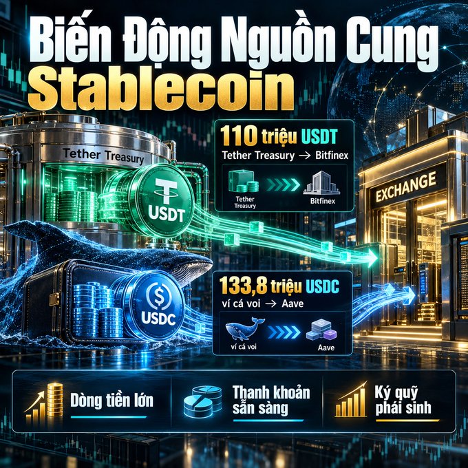 An infographic titled "Biến Động Nguồn Cung Stablecoin" illustrating the movement of 110 million USDT from Tether Treasury to Bitfinex, and 133.8 million USDC from "vì cả voi" to Aave.