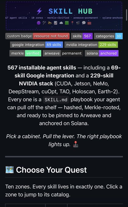 A promotional graphic for a 'SKILL HUB' offering 567 installable agent skills across 10 zones, including 69 Google integration skills and 229 NVIDIA integration skills, with text noting skills are 'merkle-verified' and 'solana-anchored'.