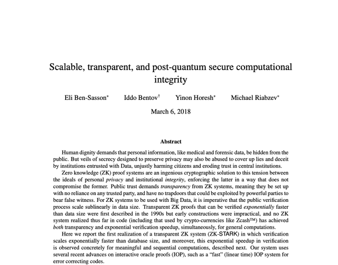 The title page of an academic paper titled 'Scalable, transparent, and post-quantum secure computational integrity' by Eli Ben-Sasson, Iddo Bentov, Yinon Horesh, and Michael Riabzev, dated March 6, 2018, about ZK-STARK systems.