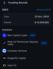 A mobile screenshot showing a crypto project's SEED funding round dated 23 Oct. 2024, having raised $10,300,000 from investors including Bain Capital Crypto, Peak XV Partners (ex-Sequoia India), Coinbase Ventures, DragonFly Capital, and Hack VC. The accompanying Turkish caption ("I was probably the first to mention it but I didn't make a big deal of it, damn") suggests the poster is claiming they were early in flagging this significant $10.3M raise backed by major crypto VCs.
