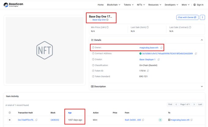 A BaseScan blockchain explorer page showing NFT details for 'Base Day One 17...' token, highlighting the owner 'magicalbig.base.eth', contract address, ERC-721 standard with Token ID 17014, and showing a mint transaction from 1057 days ago at block 2408202.