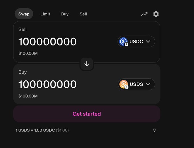 A Uniswap interface displays a swap transaction to sell 1,000,000,000 (worth $100.00M) USDC in exchange for 1,000,000,000 (worth $100.00M) USDS at a 1:1 rate, illustrating the $100M zero-slippage USDC↔USDS swap facilitated through the Sky (formerly MakerDAO) PSM integration.