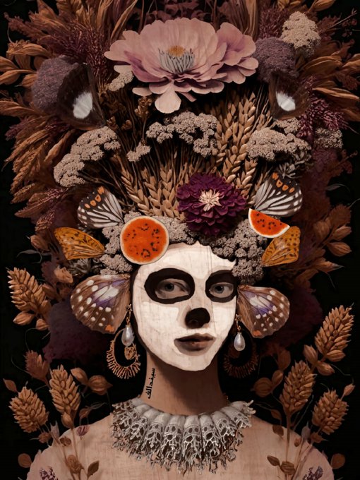 A surreal artwork features a woman wearing a white mask decorated with orange slices and a butterfly, surrounded by an elaborate headdress and frame of wheat, flowers, and dried plants.