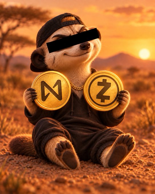 An animated meerkat wearing a backward cap and hoodie sits in a savanna sunset, proudly holding two gold coins labeled "N" (NEAR) and "Z" (Zcash/ZEC), visually celebrating the $2.17B in ZEC volume routed through NEAR Intents.