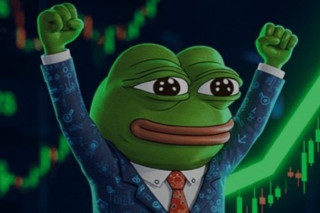 In the image, there is an animated frog wearing a suit and tie and giving a fist pump with its arms raised high above its head. The frog's facial expression also shows determination as if it's trying his hardest to crush some cryptocurrency symbols or numbers. This ironic twist of having a man-like figure resemble a real person adds humor and visual interest to the scene, creating a unique connection between the animated character and the actual crypto world event being discussed in the accompanying post about the Bitcoin price reaching new highs.
