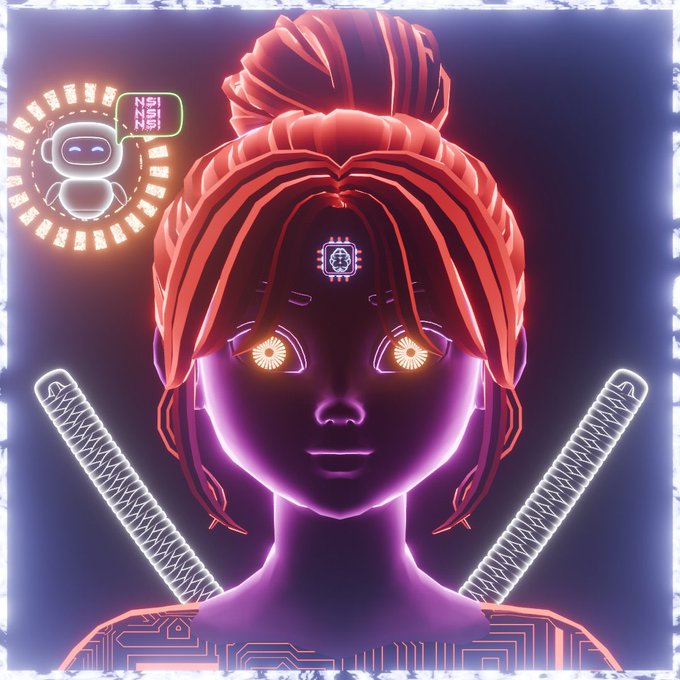 Neon-style digital art of a purple-toned female figure with a top knot, glowing yellow sun-like eyes, and a symbol on her forehead, flanked by two crossed katanas, with an astronaut icon and 'NFN' text in the corner.