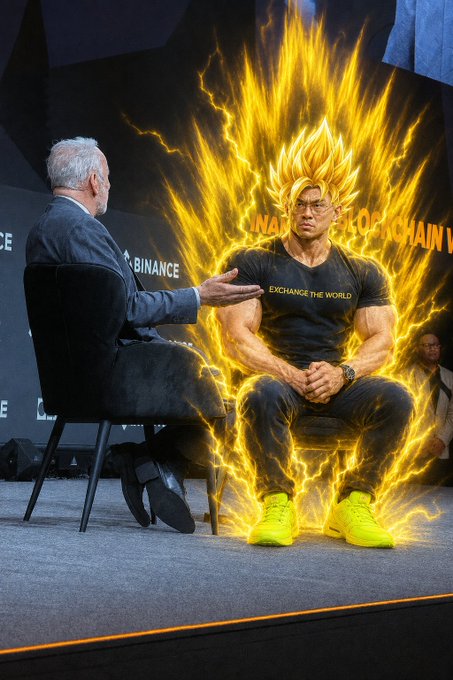 The image features a man sitting in a chair, wearing a black shirt with yellow letters that say "BNB", while another person stands behind him. The scene takes place at an event where the man in the black shirt is speaking to someone else who appears to be a businessman dressed in a suit and tie. The background of the image shows a stage or podium setup, suggesting this could be part of a presentation or discussion about BNB's future plans.