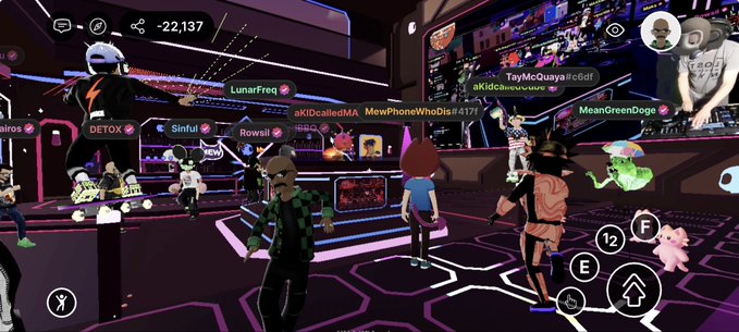 Screenshot of a 3D virtual world/metaverse game called TayMcQuaya showing multiple player avatars in a neon-lit arena with dance floor and large screens.