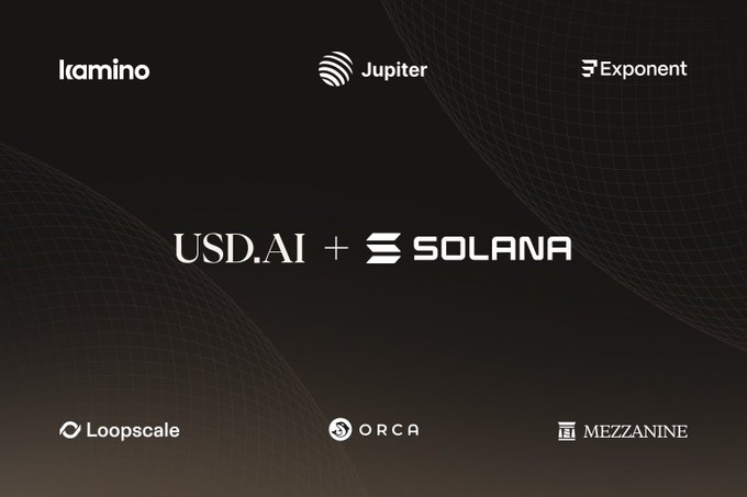 A partnership graphic showing 'USD.AI + SOLANA' surrounded by logos including Ikamino, Jupiter, Exponent, Loopscale, ORCA, and Mezzanine.