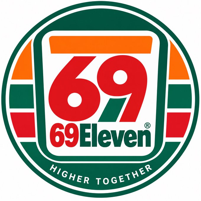 A bold circular logo features the large red number "69" with "69Eleven®" beneath it, framed by green and orange stripes and the tagline "Higher Together," all matching the branding of the newly tokenized $69ELEVEN crypto project announced by the creator on Robinhood's blockchain platform.