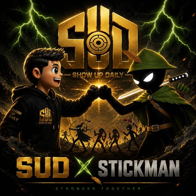 Promotional artwork for 'SUD x STICKMAN' with the tagline 'STRONGER TOGETHER,' featuring a fist bump between a cartoon character wearing a 'SHOW UP DAILY' hoodie and a ninja stick figure holding a katana, set against a stormy background with the gold 'SUD' logo.