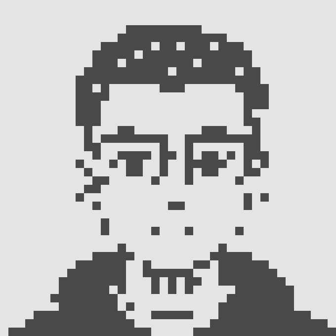 A pixel art portrait of a person with sunglasses and a stylized haircut, rendered in dark blue/black against a white background.