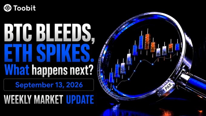 A promotional graphic for Toobit's weekly crypto market update dated September 13, 2026, featuring the headline "BTC BLEEDS, ETH SPIKES. What happens next?" alongside a magnifying glass over a candlestick chart.