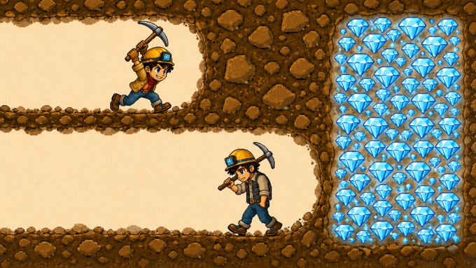 A cartoon-style game scene shows two miners with pickaxes walking through a dirt tunnel toward a wall of blue diamonds on the right.
