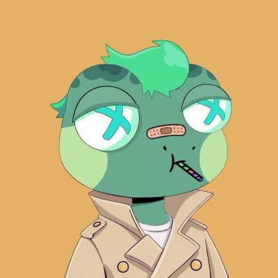 Digital illustration of a green frog-like character with X-shaped eyes, wearing a tan trench coat and smoking a cigarette against an orange background.