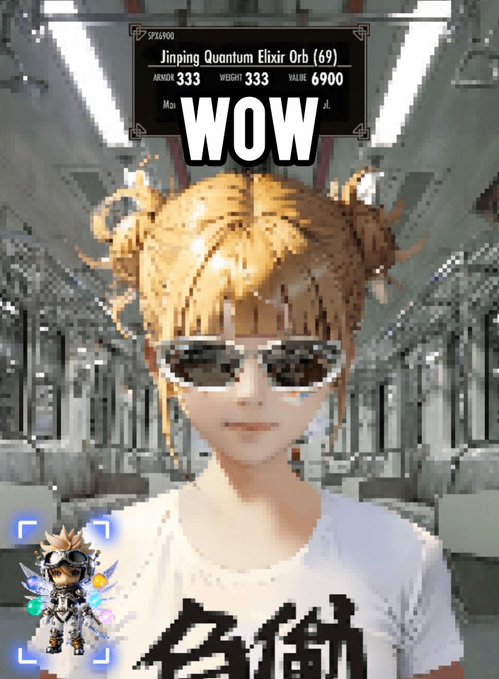 A digital character with blonde hair and white sunglasses stands in a subway setting, with a stat panel above reading 'Jinping Quantum Elixir Orb (69)' showing ARMOR 333, WEIGHT 333, and VALUE 6900, with the word 'WOW' overlaid.