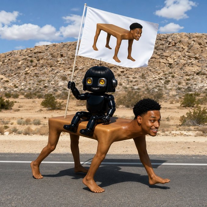 A surreal AI-generated image showing a small black robot with yellow eyes holding a flag (depicting a man on all fours) while riding on the back of a naked man crawling on a desert road.