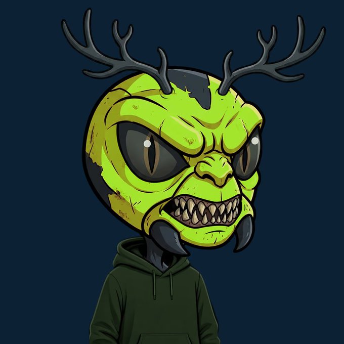A stylized cartoon illustration of a character wearing a green demon or alien mask with antlers, large fangs, and black eyes, dressed in a dark green hoodie against a navy blue background.