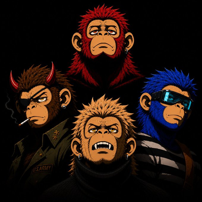 A digital illustration of four stylized monkeys with different appearances, including one with red hair, one in a US Army uniform, one with blonde hair, and one with blue hair and sunglasses.
