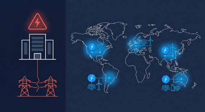 A blue world map with white lines and dots representing power plants, connected by red lines symbolizing electricity transmission, is overlaid on a black background with a red triangle warning sign.