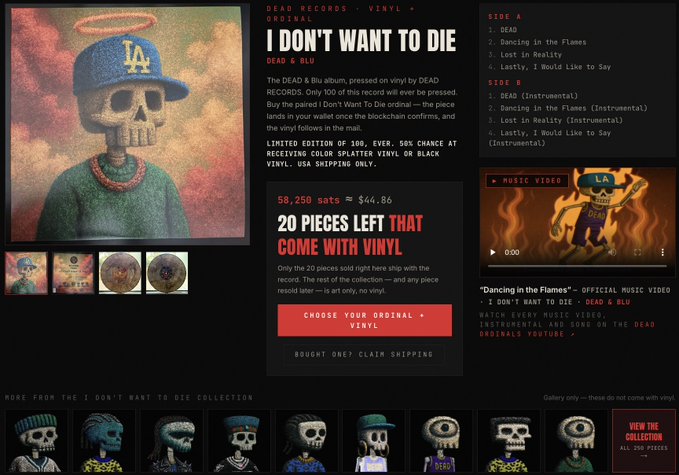 A webpage for the DEAD & BLU album 'I DON'T WANT TO DIE,' showing artwork of a skull wearing an 'LA' Dodgers cap, with text noting '58,250 sats = $44.86' and '20 PIECES LEFT THAT COME WITH VINYL' alongside a red 'CHOOSE YOUR ORIGINAL + VINYL' button.