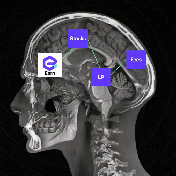 An infographic showing a cross-section MRI scan of a human head with labels for 'Stocks', 'Fees', 'LP', and an 'Earn' logo connected to brain regions by dashed green lines.
