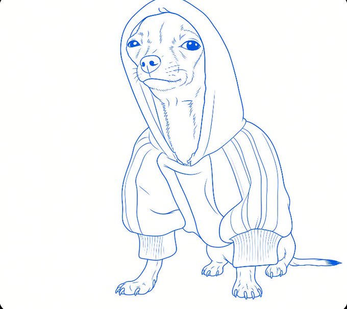 A blue line drawing illustration of a small dog wearing a hooded sweatshirt.