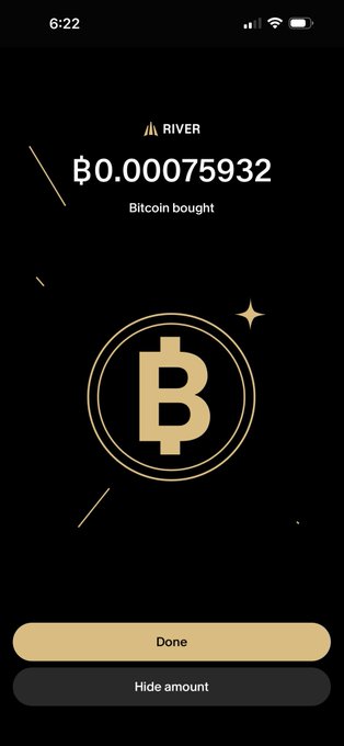 A mobile app screenshot from River showing a Bitcoin purchase of ฿0.00075932 with a gold Bitcoin logo on a black background.