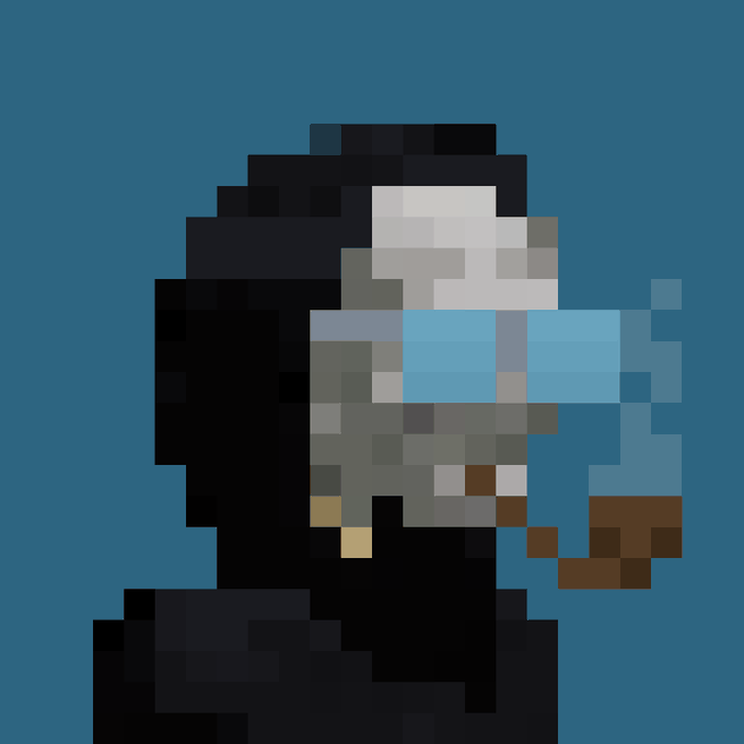 A highly pixelated, low-resolution portrait of a character with dark hair wearing a white hat and blue goggles or glasses, set against a solid dark blue background.