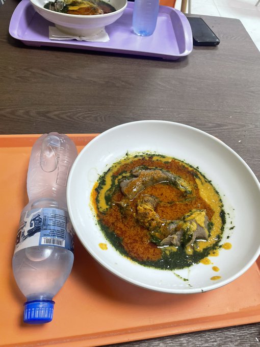 An overhead view shows a meal on an orange cafeteria tray, featuring a bowl of meat in orange-red and green sauces alongside a bottle of water, with another tray visible in the background.