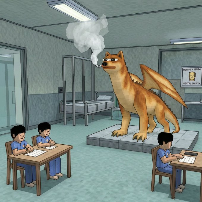 A cartoon-style illustration depicting a scene inside a 'Mental Hospital' where several identical men in blue uniforms sit at desks writing on paper, while a large, bizarre creature resembling a dog with wings smokes a cigarette in the center of the room.