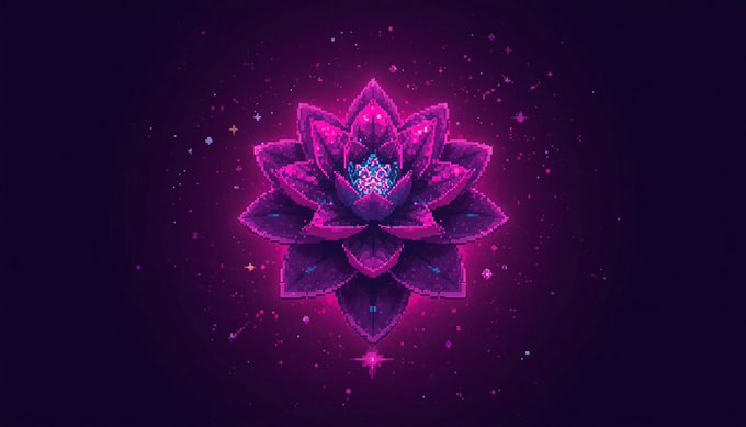 A stylized illustration of a glowing magenta and pink lotus flower adorned with stars, set against a dark purple cosmic background.
